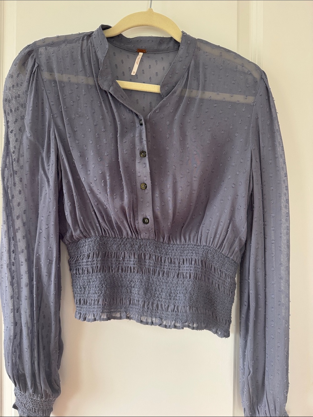 Free People Periwinkle Smocked Waist Sheer Dot Blouse